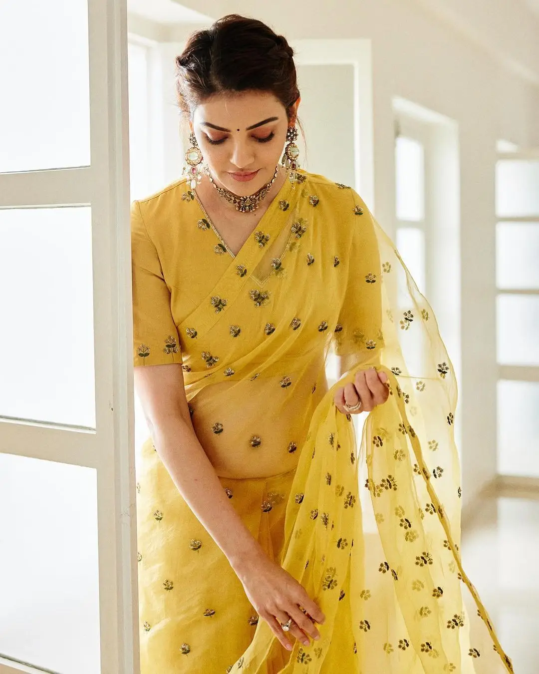 Kajal Aggarwal in Indian Tradition Yellow Color Saree Blouse